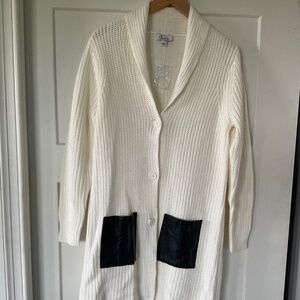 Denim & Company White Cream Knit Cardigan Duster Black Leather Pockets